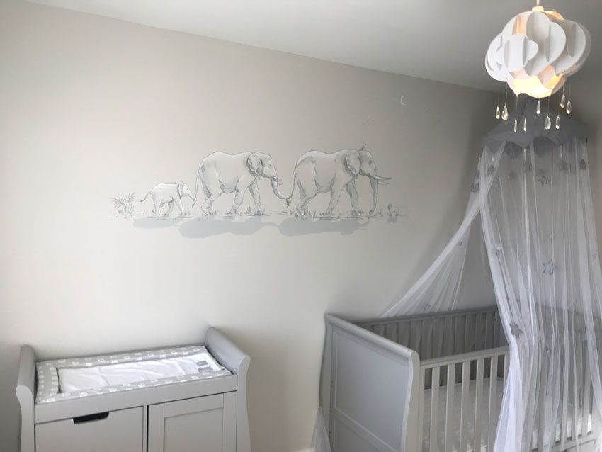 grey elephant baby nursery mural cheshire